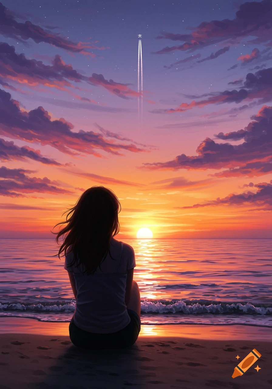 Anime girl watching a vibrant sunset over the ocean from a beach, with an airplane flying overhead.