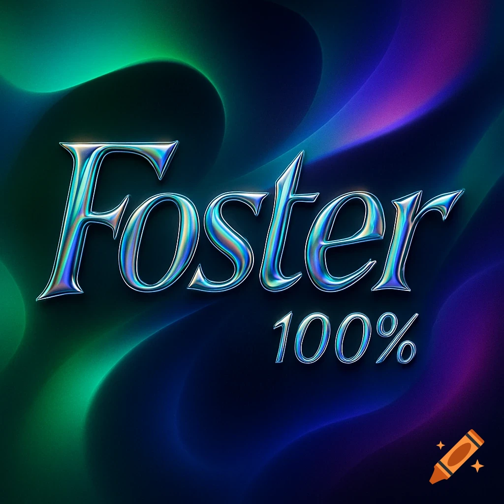 Metallic, iridescent text "Foster 100%" on a vibrant abstract background with swirling green, blue, and purple colors.