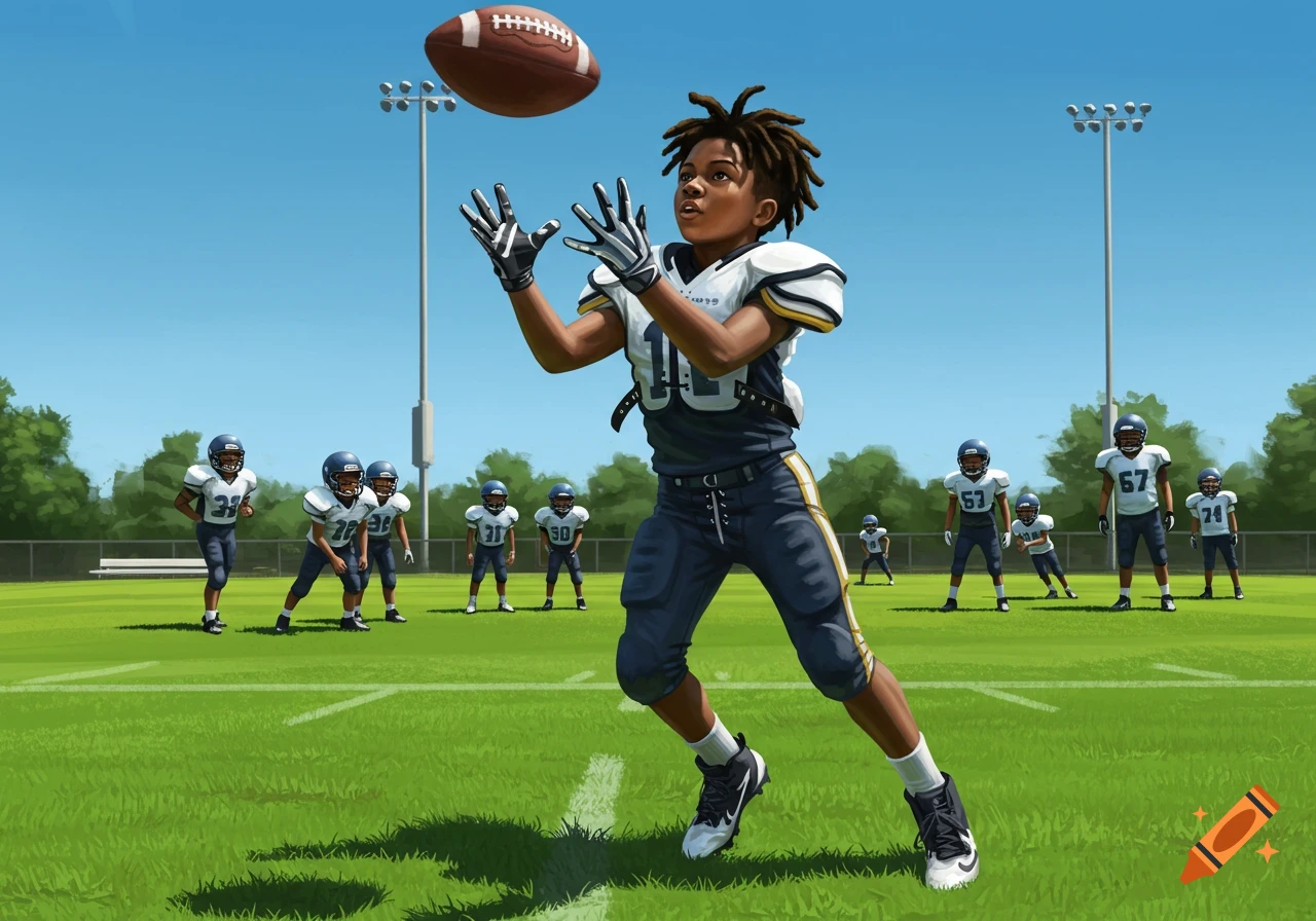 A young Black boy in a football uniform reaching to catch a football in mid-air on a sunny field with other players.