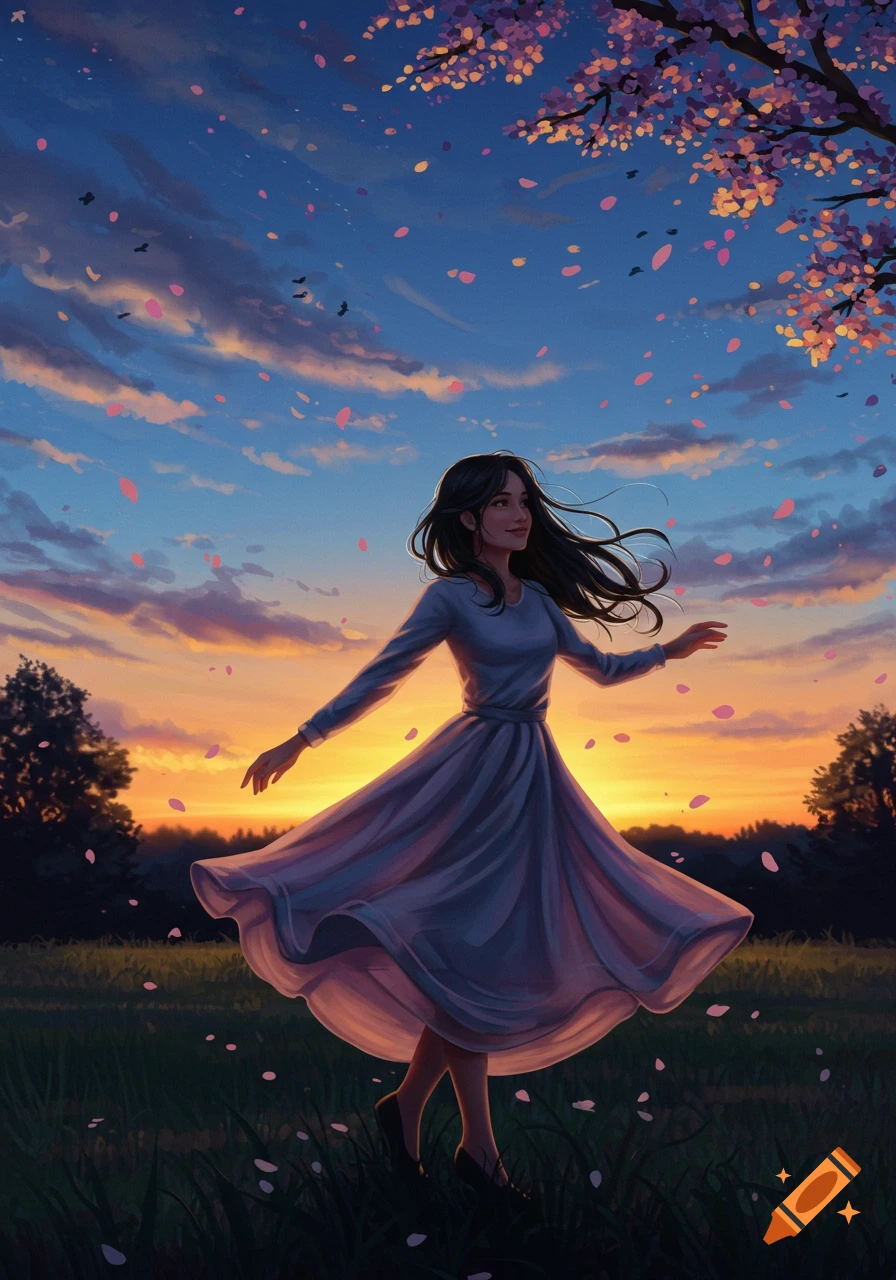 An artistic illustration of a woman in a flowing dress dancing joyfully in a field as cherry blossoms fall at sunset.