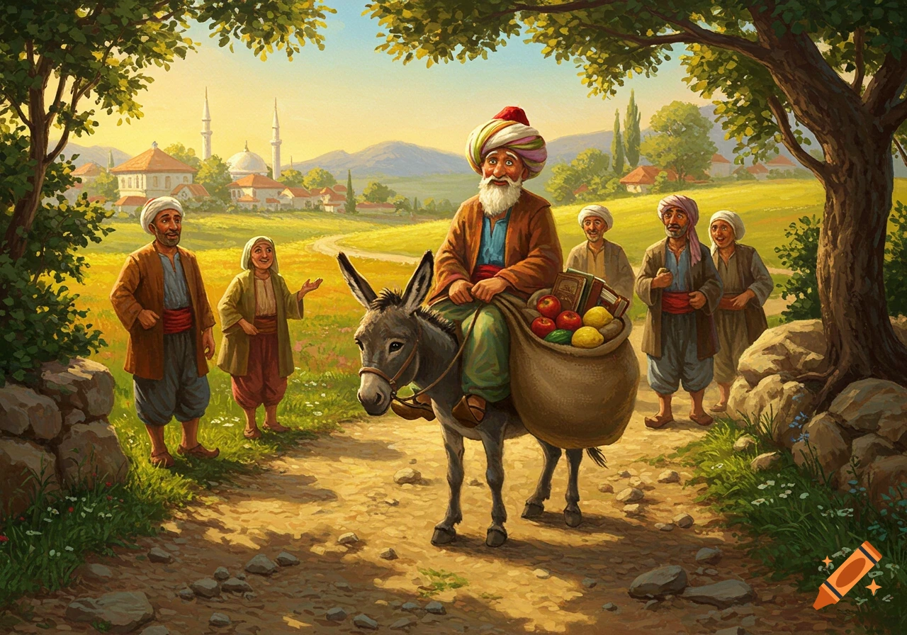 An old man with a turban on a donkey carries a sack of fruits and books on his back, villagers watch on a path leading to a village with mosques, painterly style.