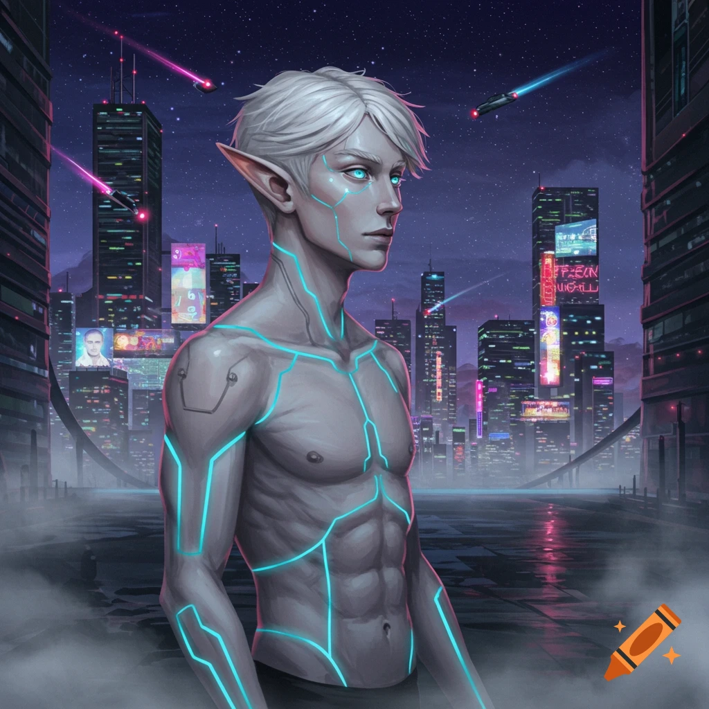 Pale, white-haired young man with elf ears and glowing blue circuitry on his body, standing shirtless in a futuristic cyberpunk city at night.