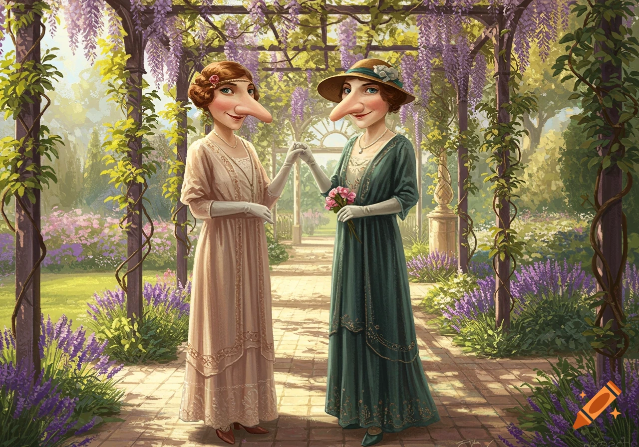 Two women with long noses in vintage dresses stand hand-in-hand in a wisteria-covered garden pergola, illustration.