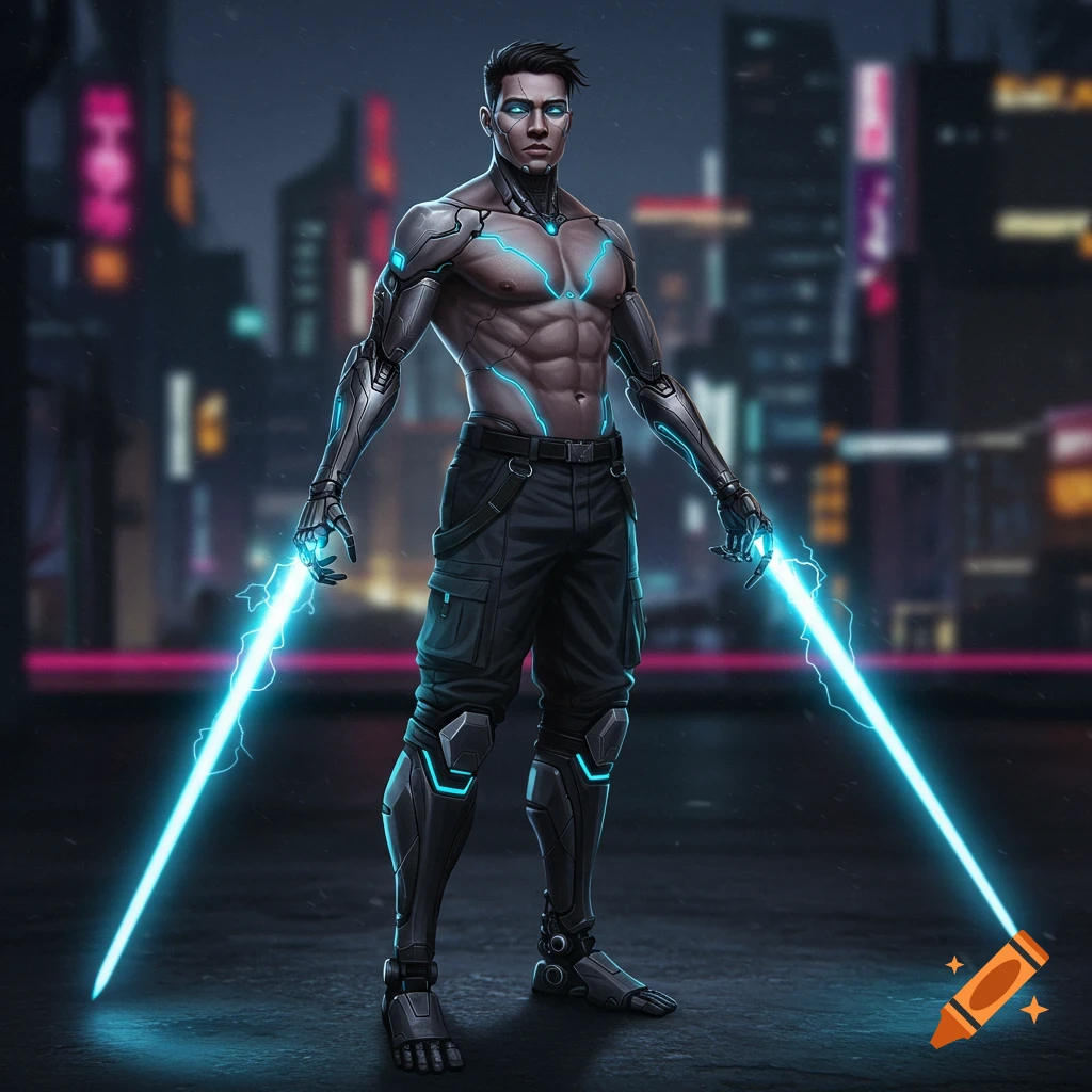 A cyberpunk male character with glowing blue prosthetic limbs and lines, holding two glowing blue energy blades in a neon city.
