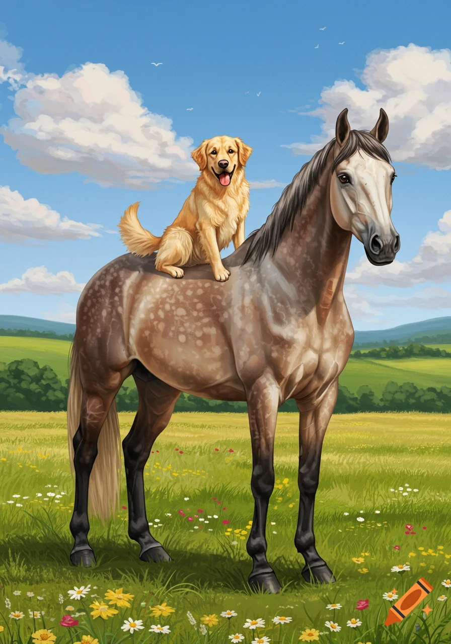 Illustrated golden retriever dog sitting on a horse in a green field with wildflowers under a blue sky.