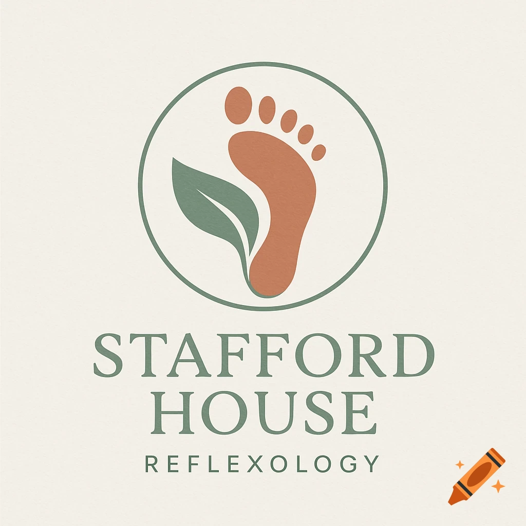Minimalist logo for Stafford House Reflexology, featuring a brown foot and green leaf in a green circle.
