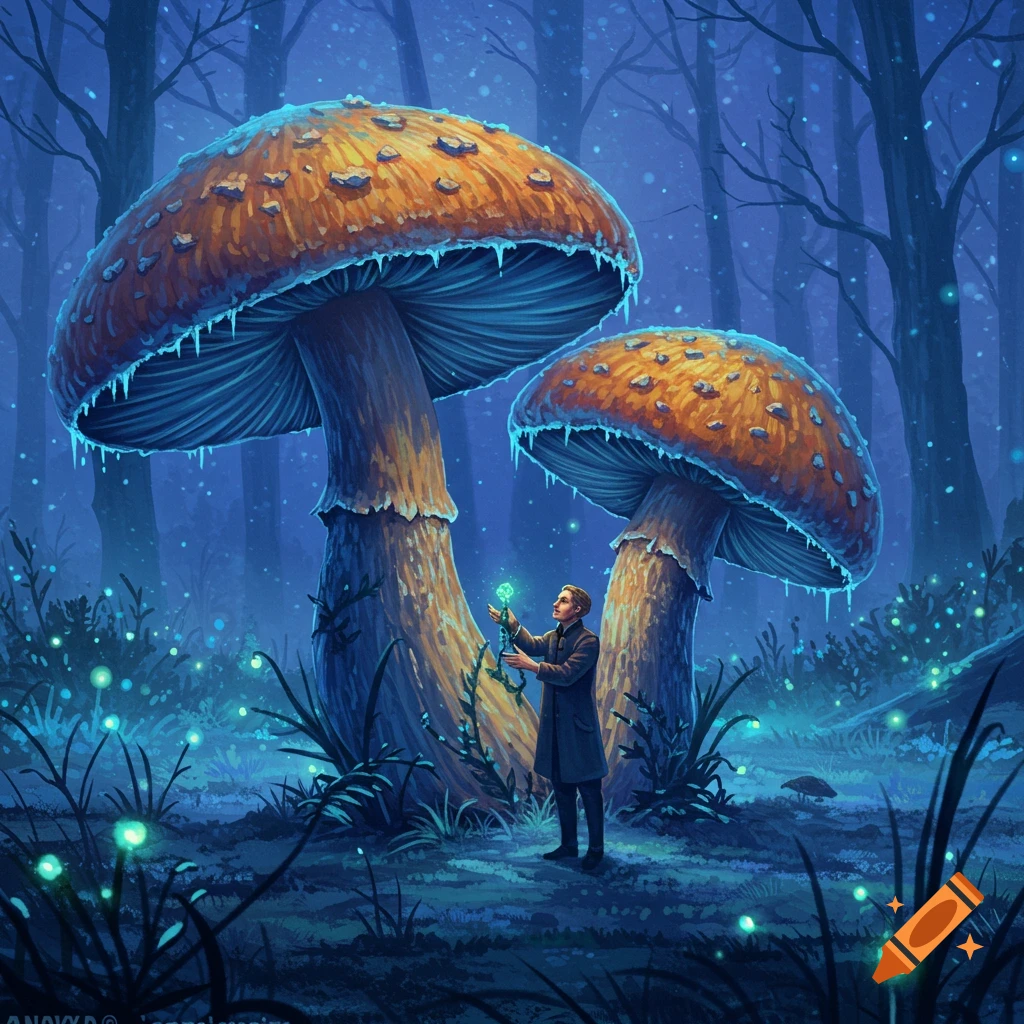 A man in a coat holds a glowing plant, standing between two massive, bioluminescent mushrooms in a dark, ethereal forest.