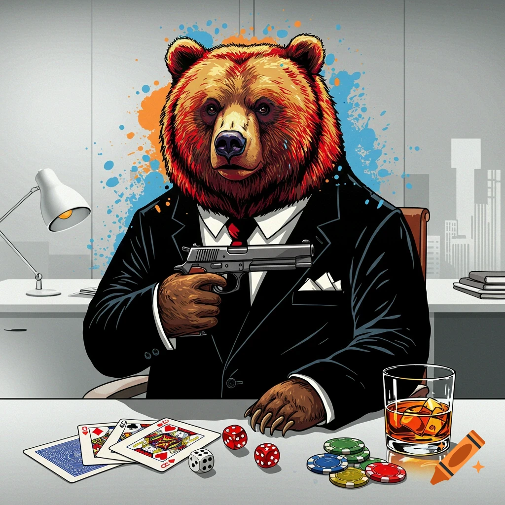 A stylized bear in a suit holds a pistol while sitting at a desk with playing cards, dice, and a glass of whiskey, in a vibrant pop art style with color splashes.