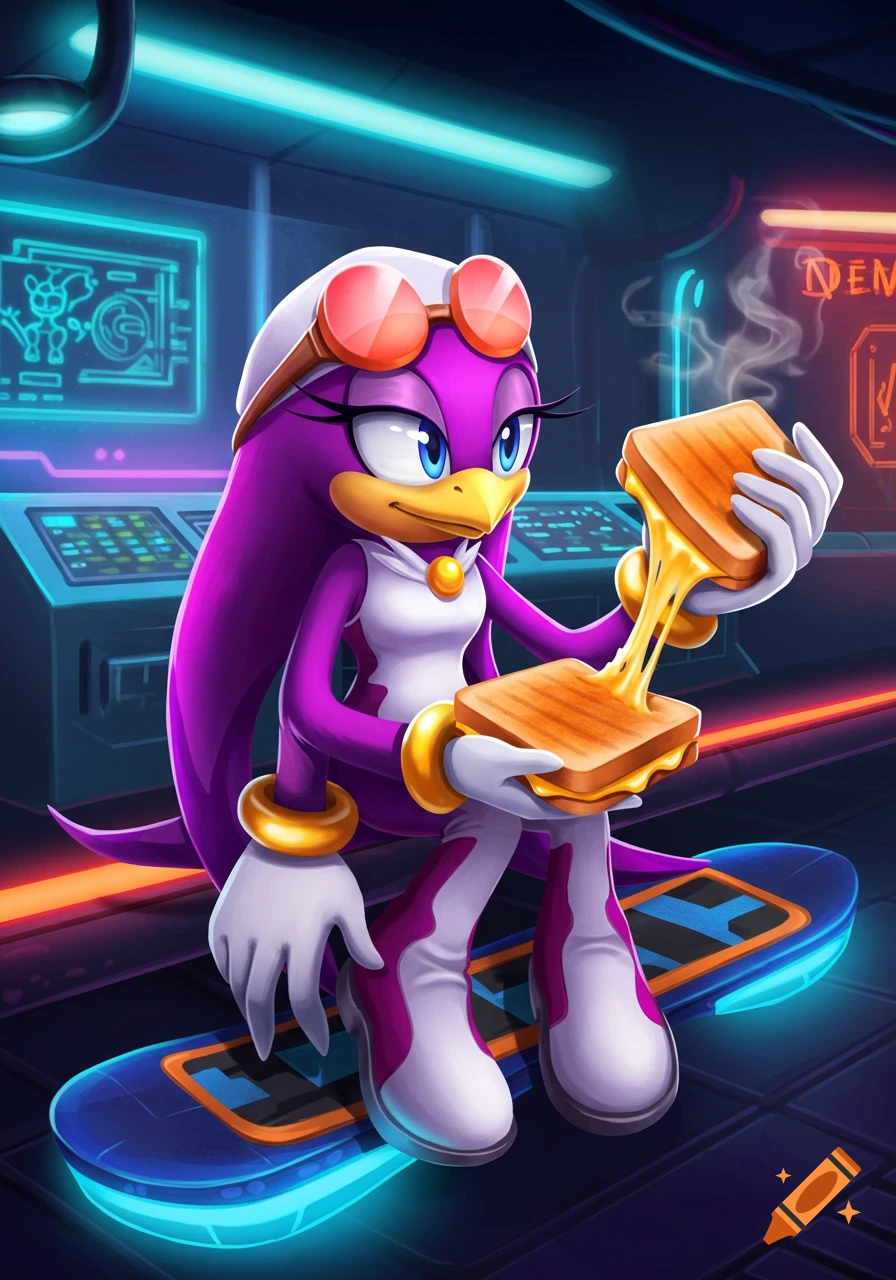 Wave the Swallow, a purple bird character in goggles, sits on a hoverboard in a neon lab, pulling apart a grilled cheese sandwich.