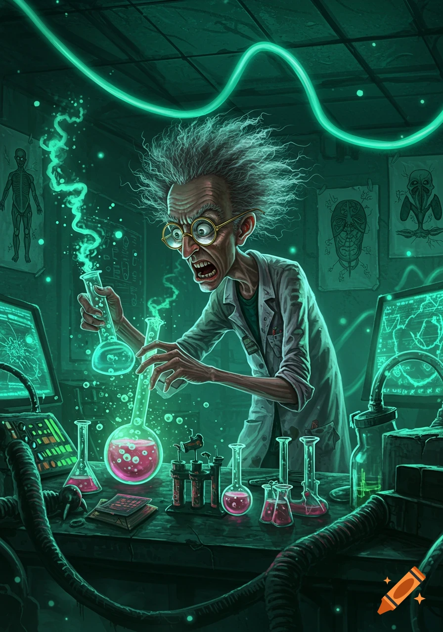 A frantic, wild-haired mad scientist in a lab coat mixes glowing green and pink chemicals in beakers within an eerie, green-lit laboratory.