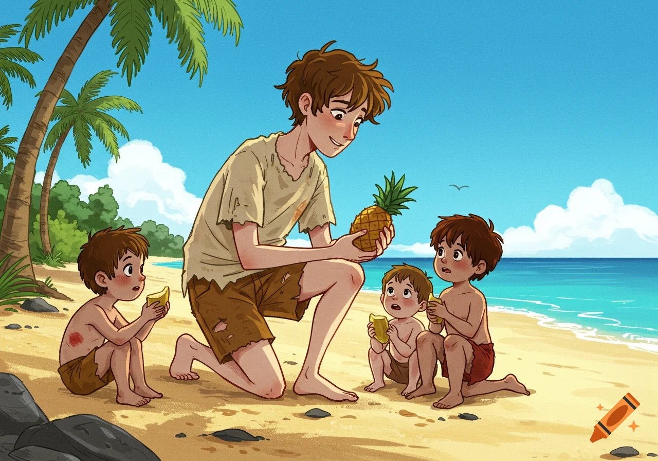 Cartoon of an older boy holding a pineapple for three smaller boys holding banana pieces on a sunny beach with palm trees.