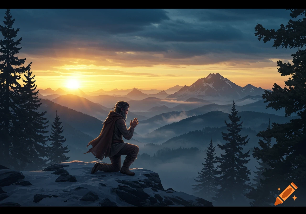 A cloaked man kneels in prayer on a snowy mountain cliff, gazing at a vibrant sunrise over misty peaks and valleys.