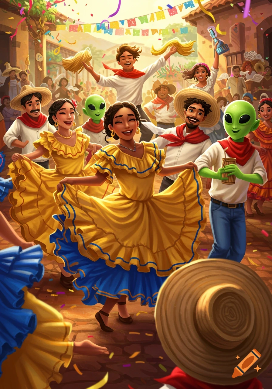 Vibrant stylized illustration of humans and green aliens happily dancing Colombian cumbia in traditional outfits on a festive street.