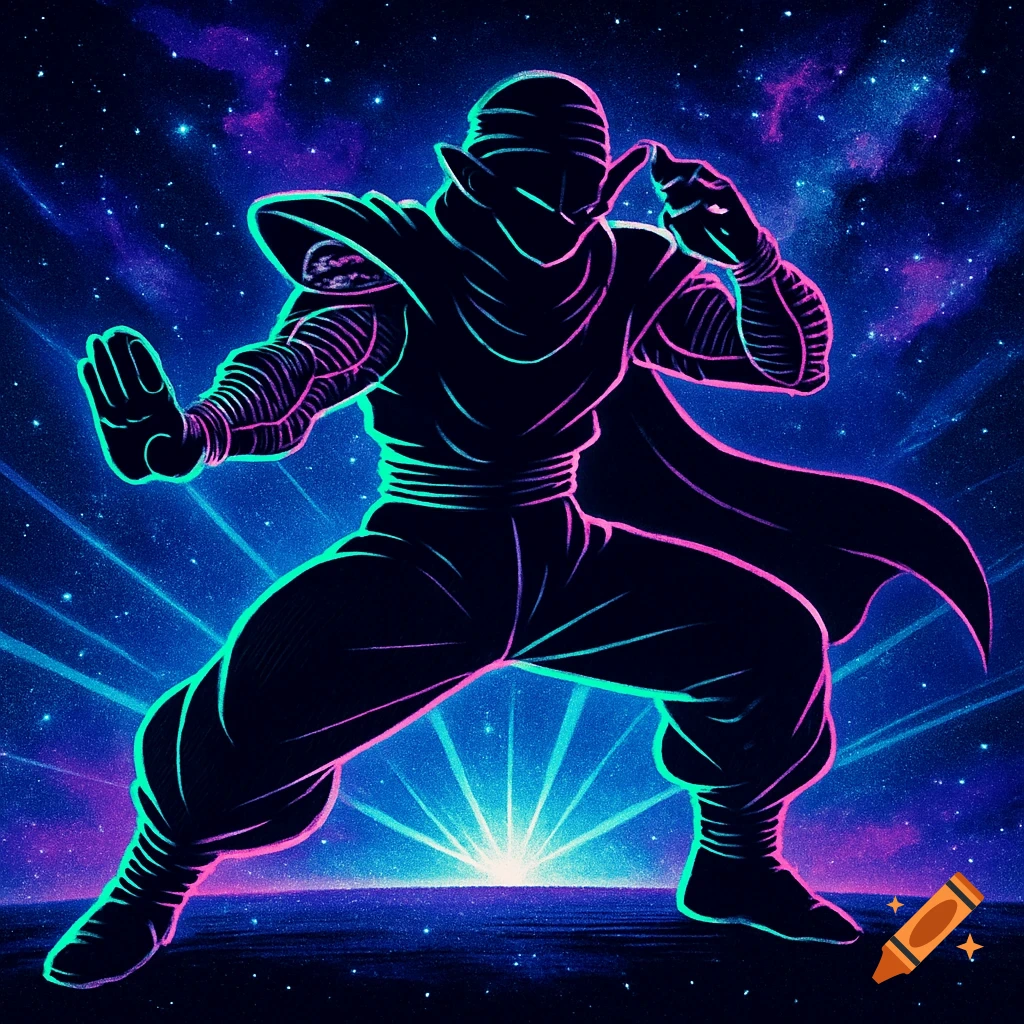 Neon outline of Piccolo in a dynamic pose against a starry, cosmic background with glowing magenta and cyan lines.