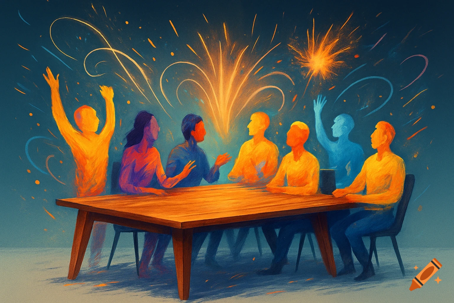 Abstract painting of diverse, vibrant figures around a table with exploding fireworks, in warm and cool hues.