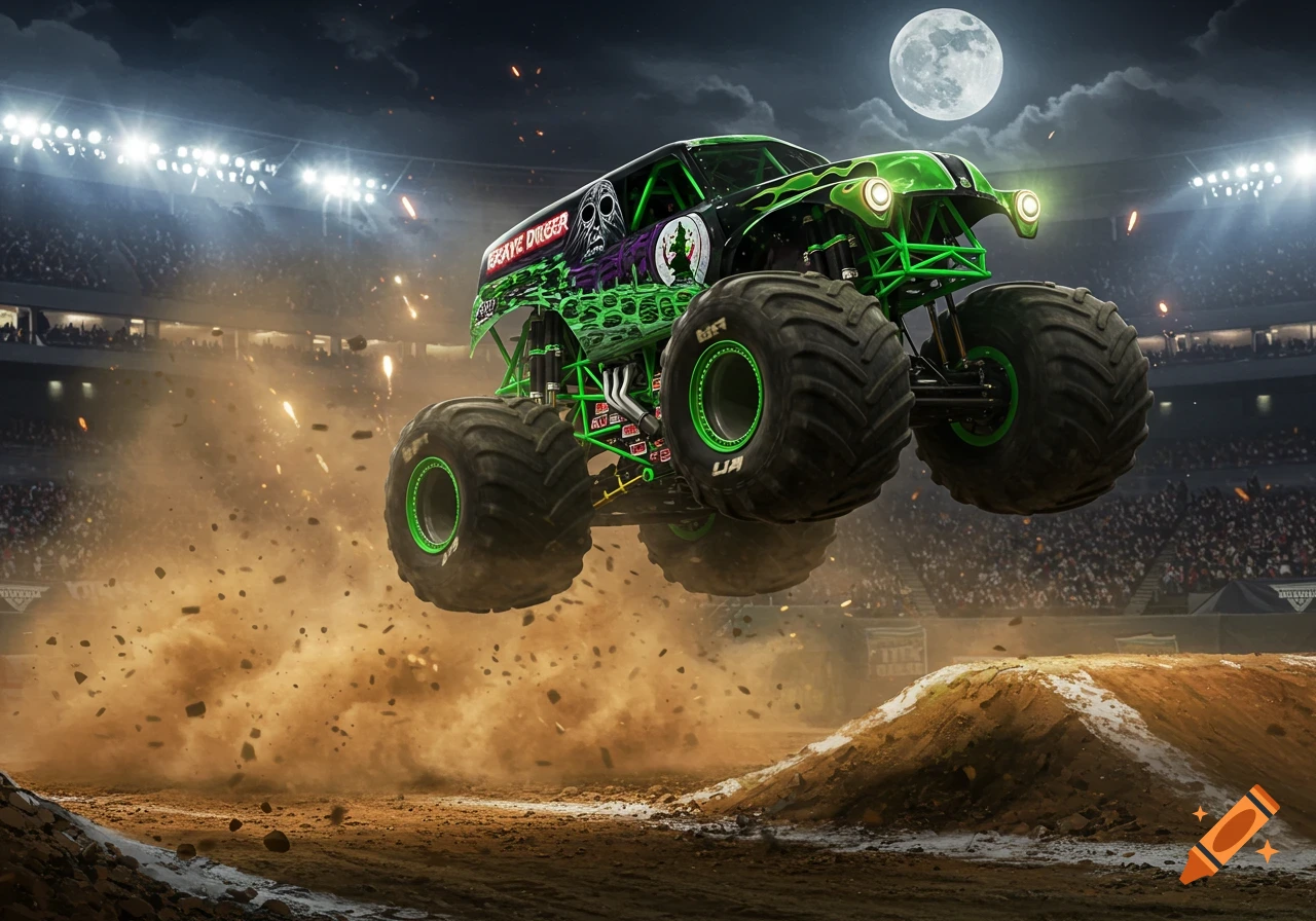 A neon green Grave Digger monster truck jumps high over a dirt ramp, kicking up dust in a stadium at night under a full moon.