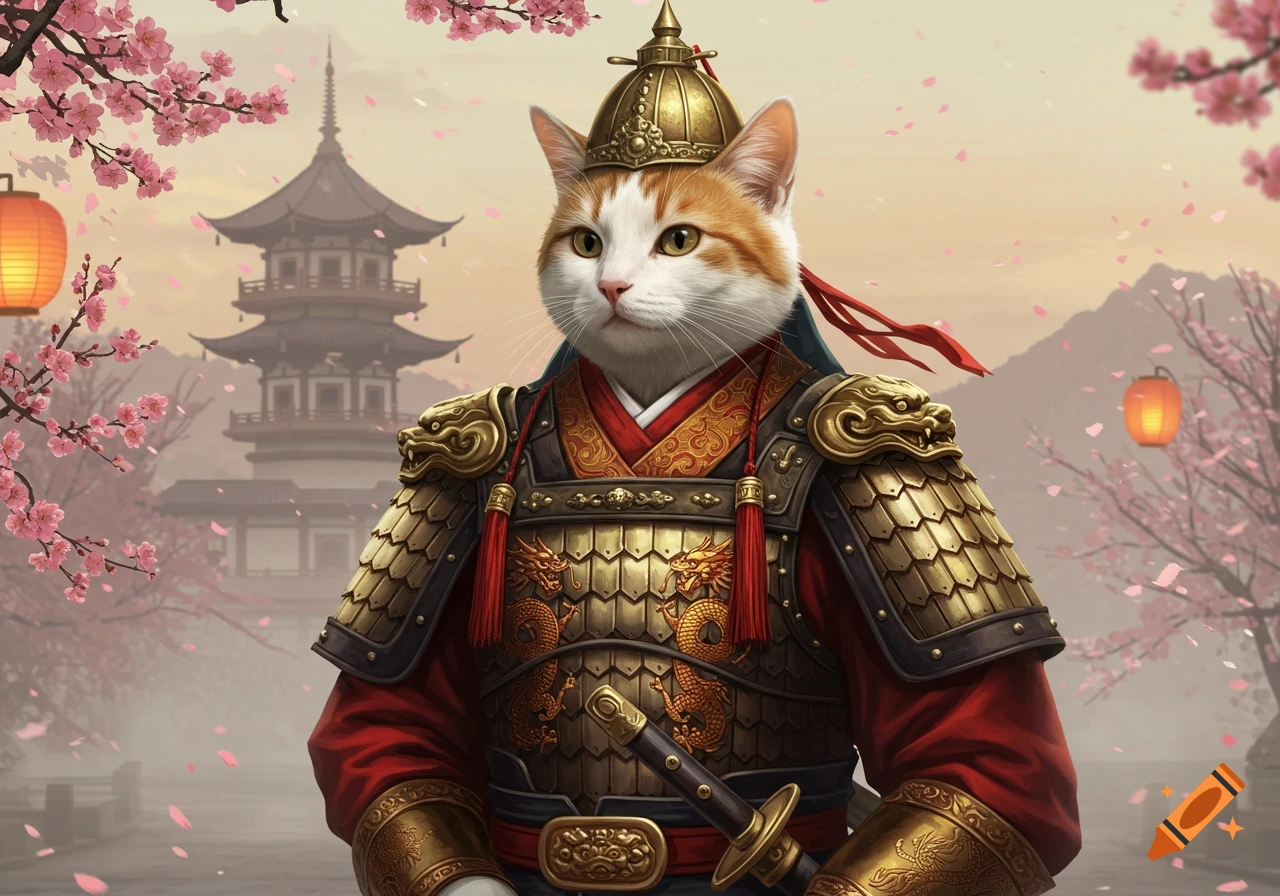 A white and orange cat in golden traditional Chinese military armor, holding a sword, with a pagoda and cherry blossoms in the background.