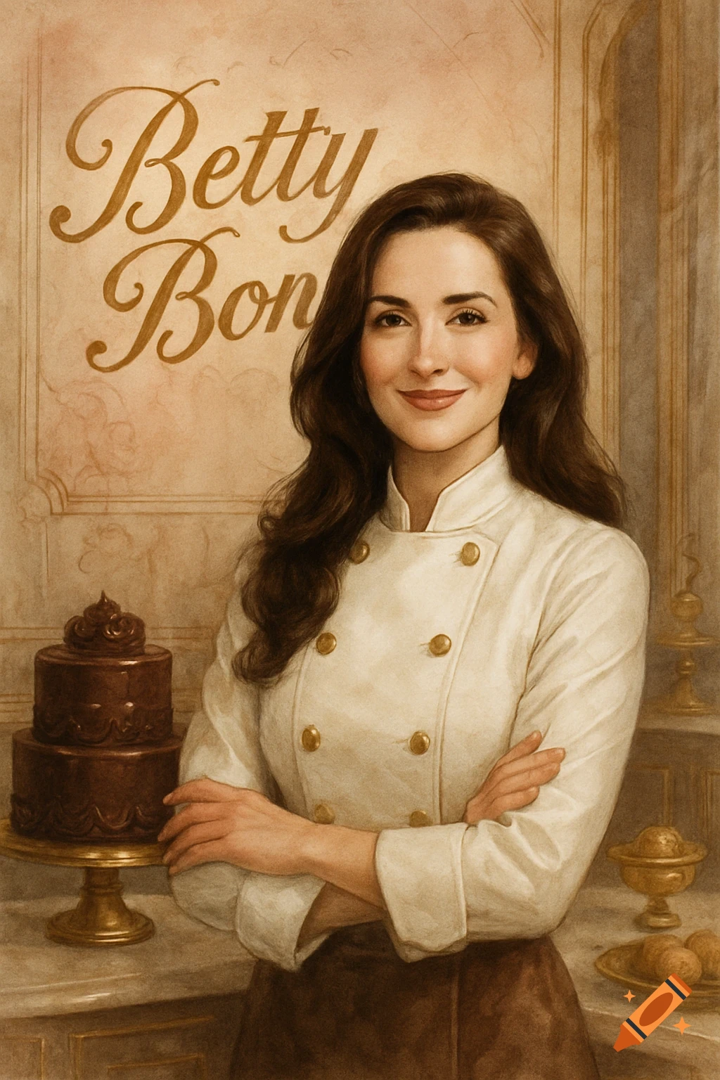 An elegant illustration of a smiling woman in a chef's coat, arms crossed, standing next to a chocolate cake with the text 'Betty Bon' above her.