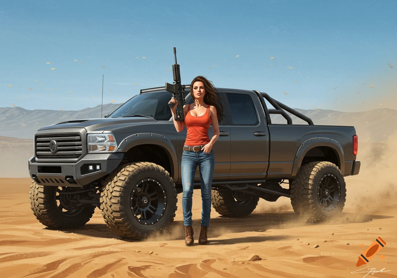 A woman in a red tank top and jeans holds a rifle next to a large gray pickup truck in a desert, digital painting.