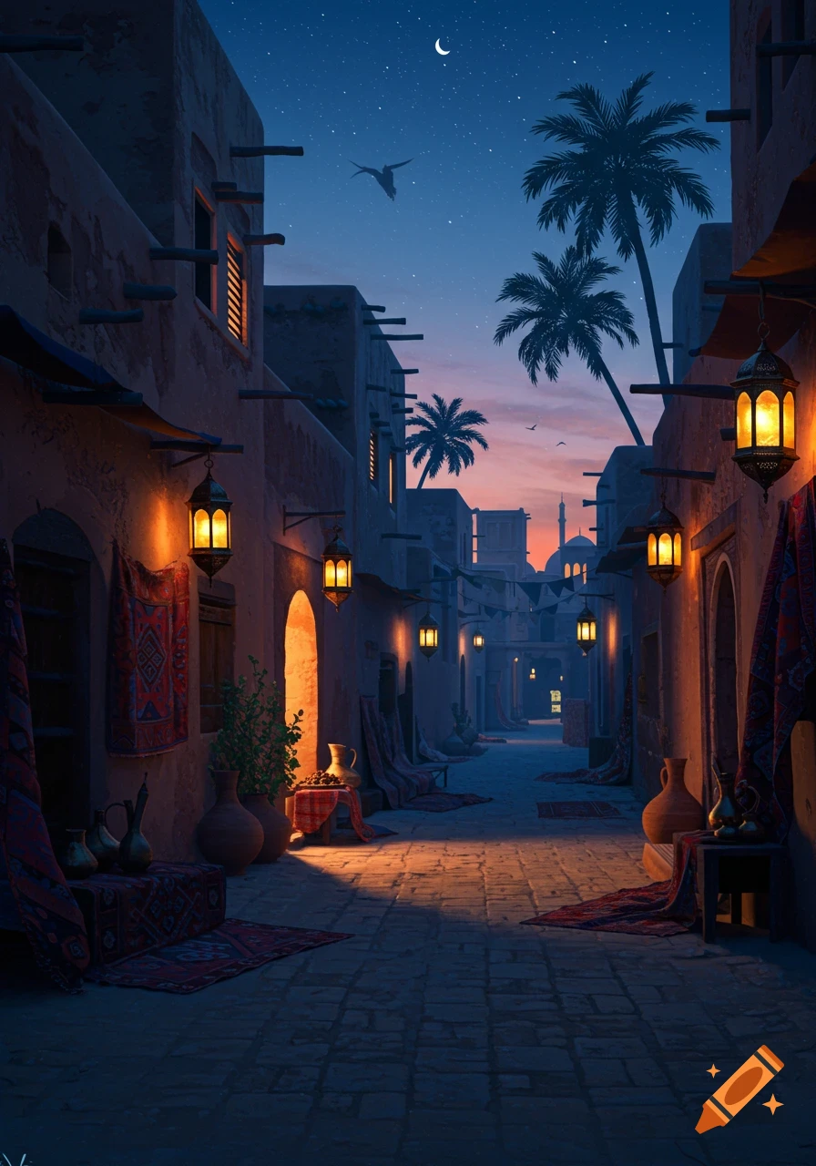 A beautiful, atmospheric night scene down a narrow, lantern-lit street in a Middle Eastern town with palm trees and a crescent moon.