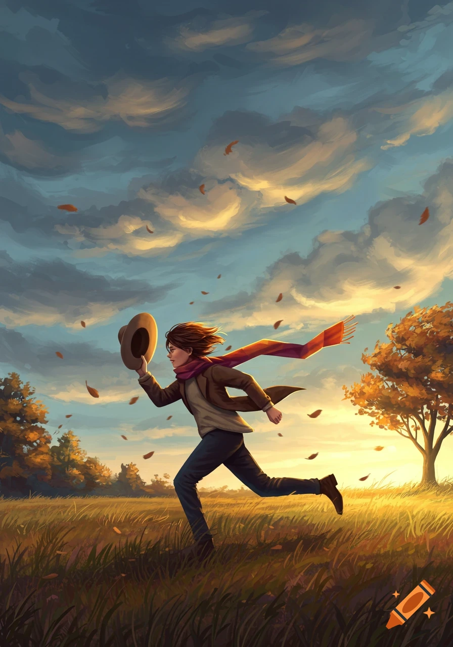 An illustrated person runs through an autumn field at sunset, holding a hat as their scarf blows in the wind.