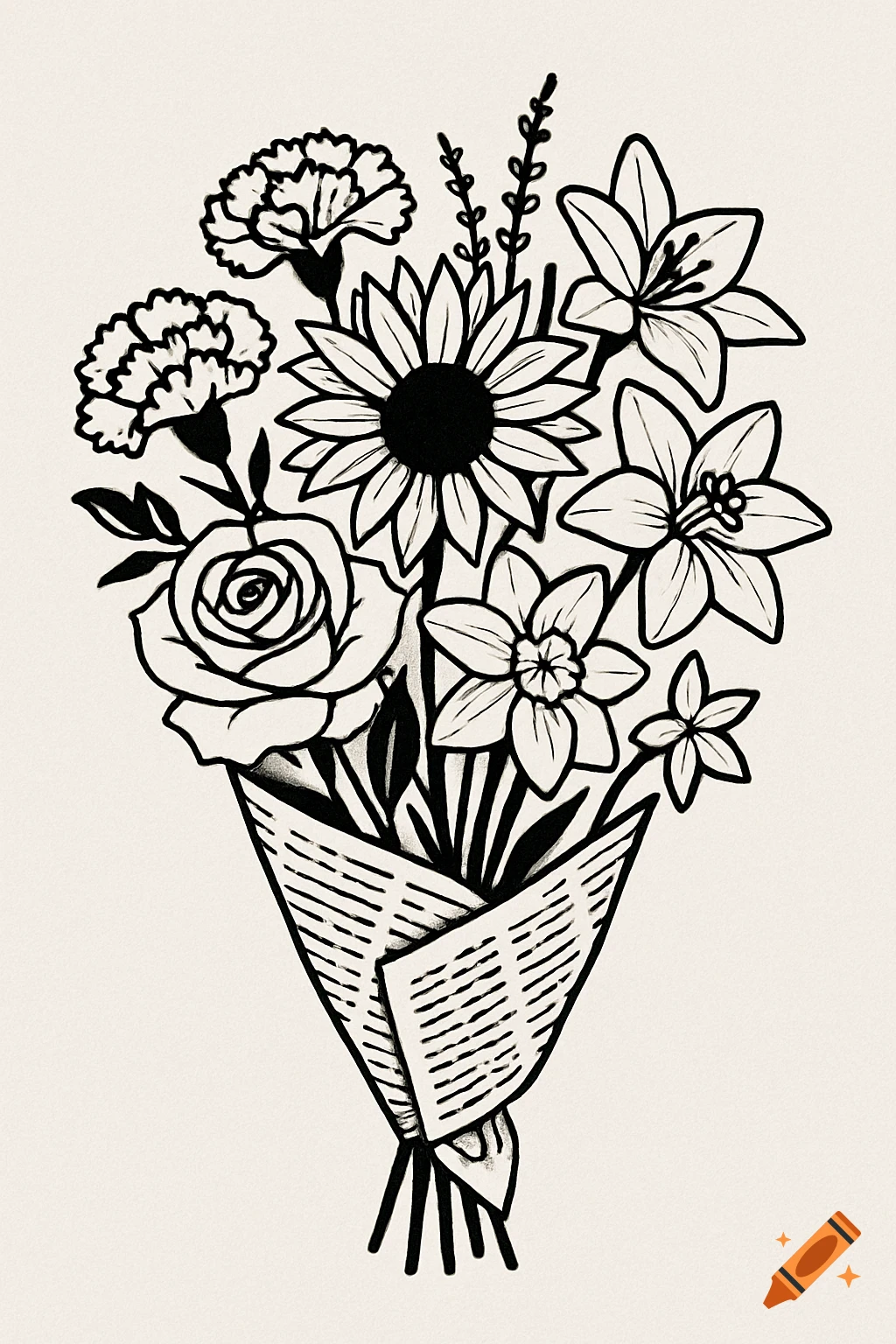 A black and white tattoo stencil drawing of a flower bouquet wrapped in stylized newspaper, featuring carnations, sunflowers, roses, lilies, lavender, and daffodils.