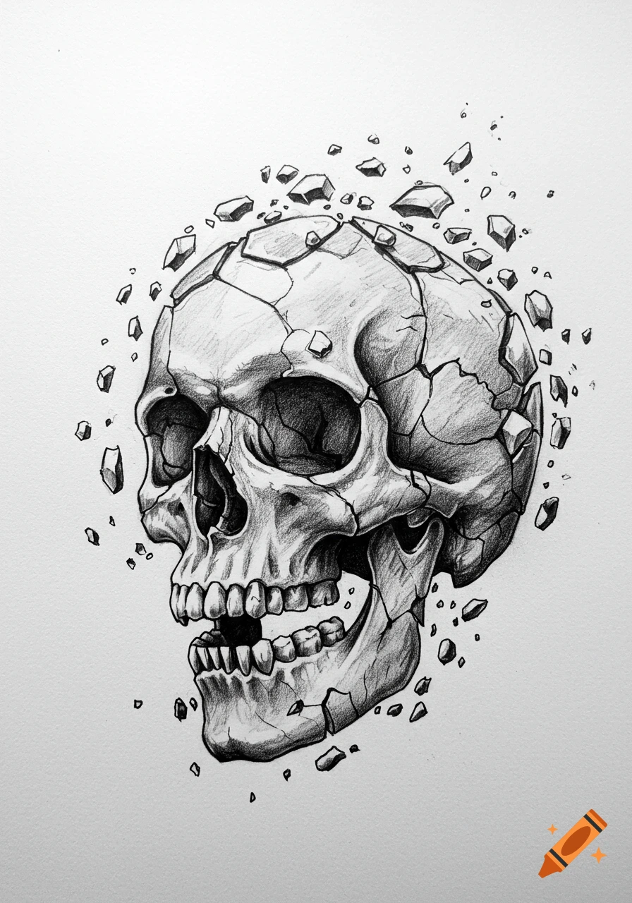 Black and white hand-drawn sketch of a shattering skull with pieces breaking away.