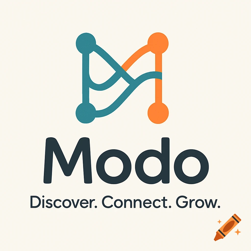 A modern logo features an abstract blue and orange interconnected design above the word "Modo" and the tagline "Discover. Connect. Grow."