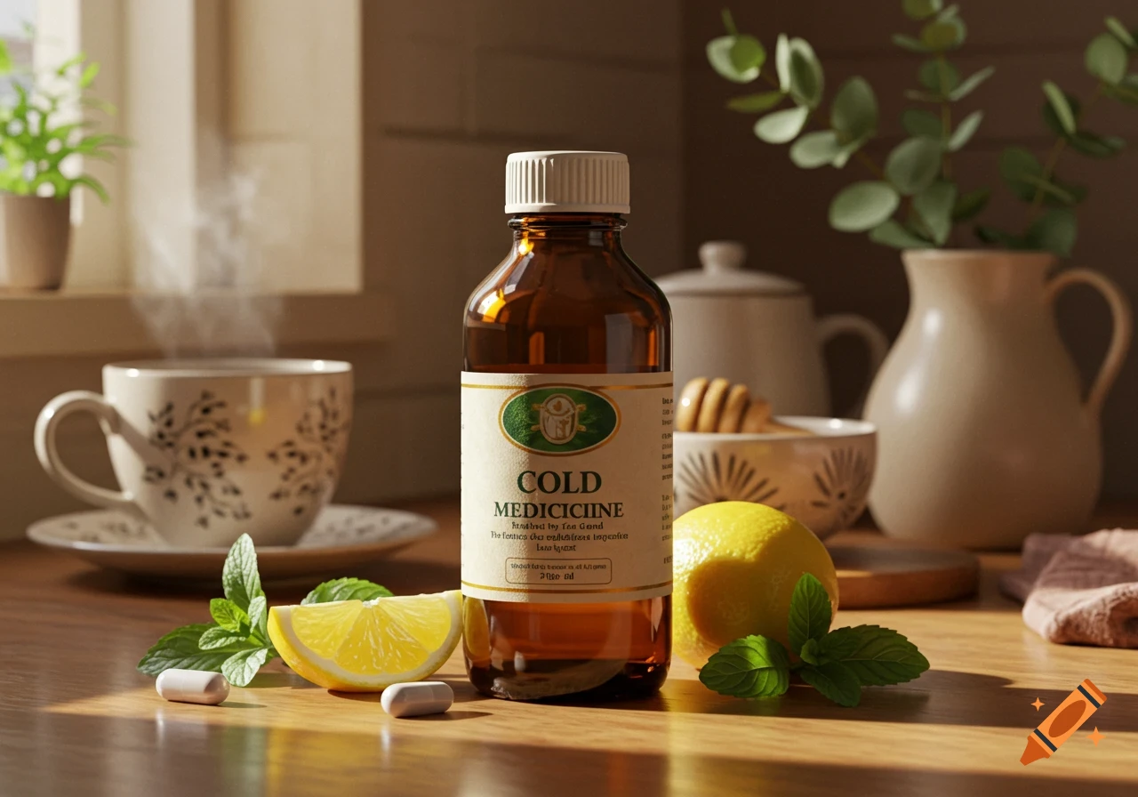 A photorealistic still life of a "COLD MEDICICIINE" bottle, lemon, mint, and white pills on a wooden surface, with a steaming teacup in the background.