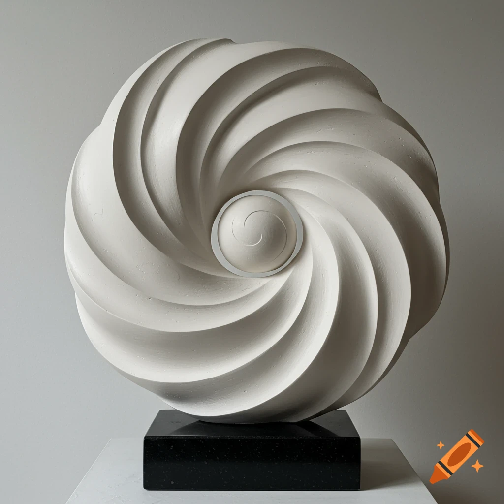 A white spiral plaster sculpture with a central orb sits on a black square base against a light gray wall.