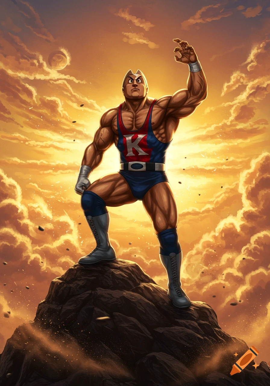 Muscular Kinnikuman in a blue and red wrestling singlet with a 'K' on his chest stands on a rock under a dramatic orange sky, anime style.