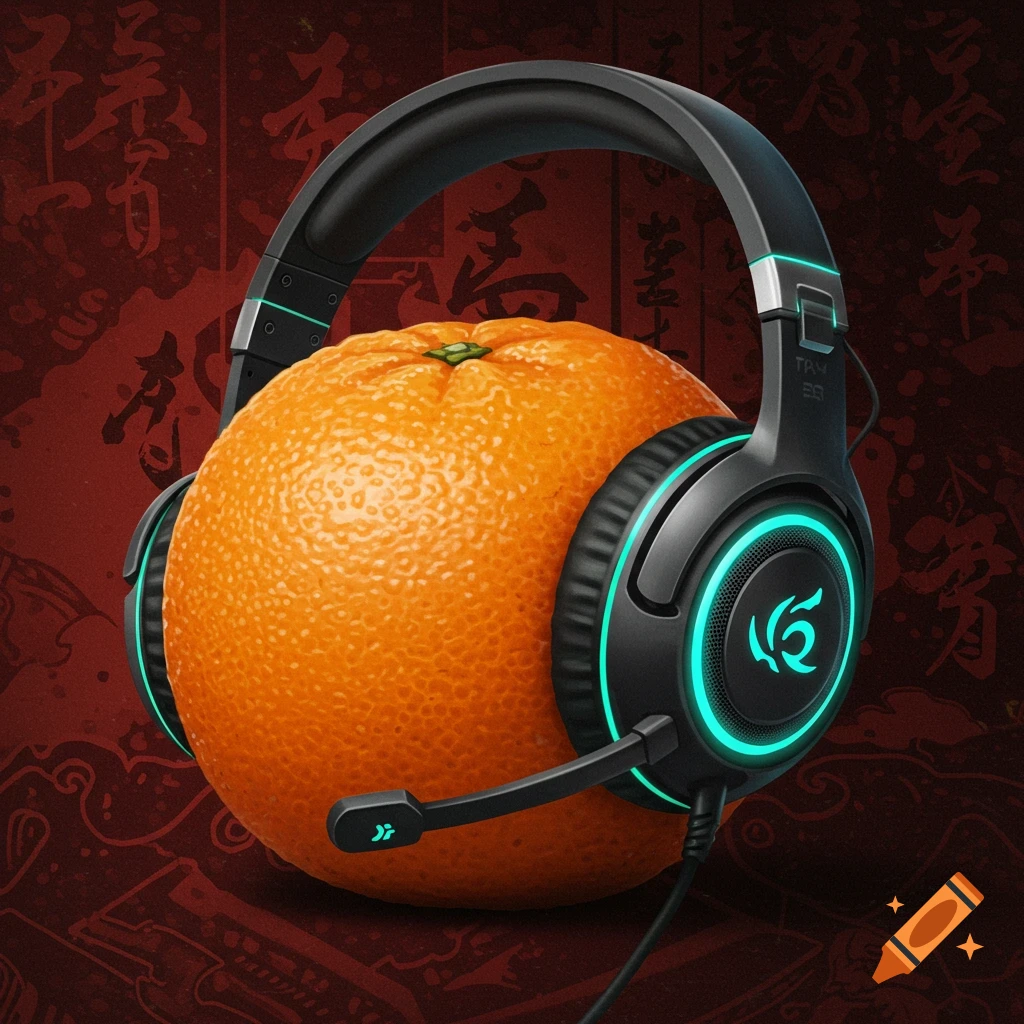 A photorealistic image of a whole orange wearing a black and teal gaming headset against a red background with stylized Chinese script.