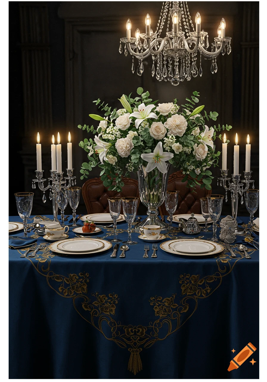 An elegant formal dining table set with white flowers, lit candles, crystal glasses, and gold-rimmed plates under a chandelier.