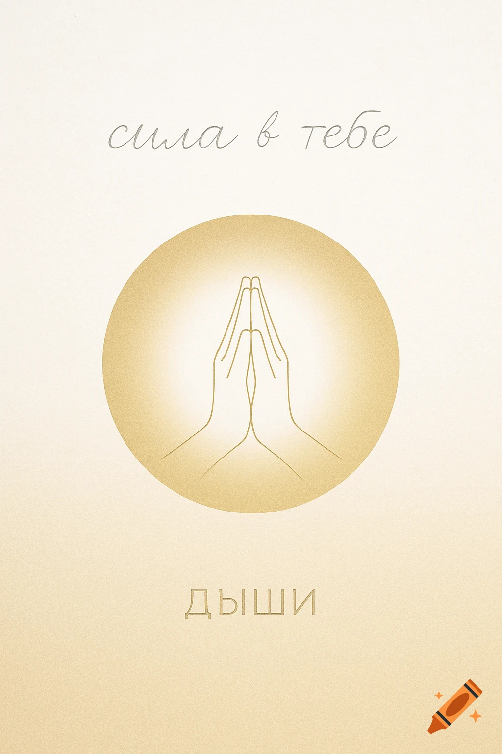 Minimalist design with hands in a Namaste gesture within a gold circle, on a pale gold gradient background, with Russian text 'сила в тебе' and 'дыши'.
