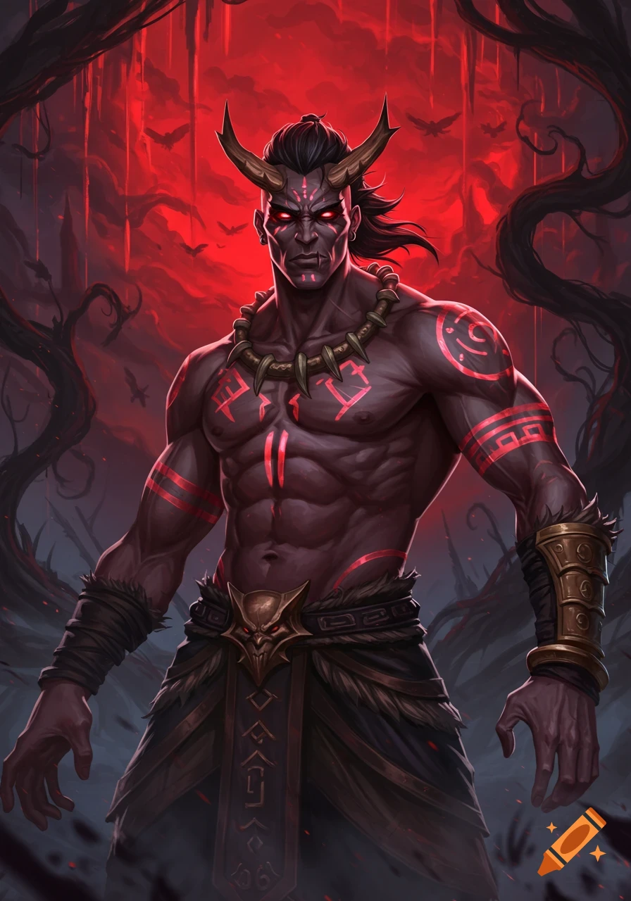 A dark, muscular demon with horns, glowing red eyes, tribal markings, and a skull necklace stands against a red, stormy sky with twisted trees.