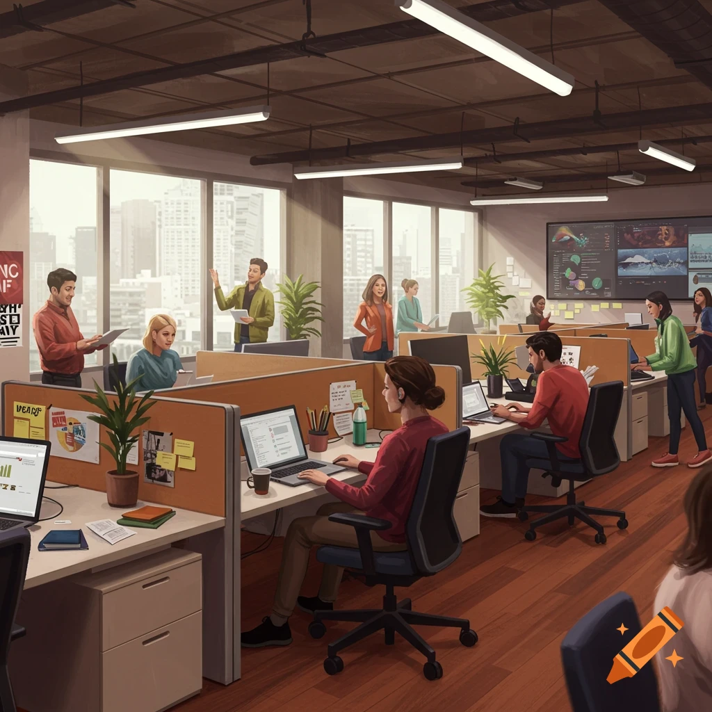 An illustrated bustling office with diverse employees working at cubicles and collaborating, with city views outside windows.