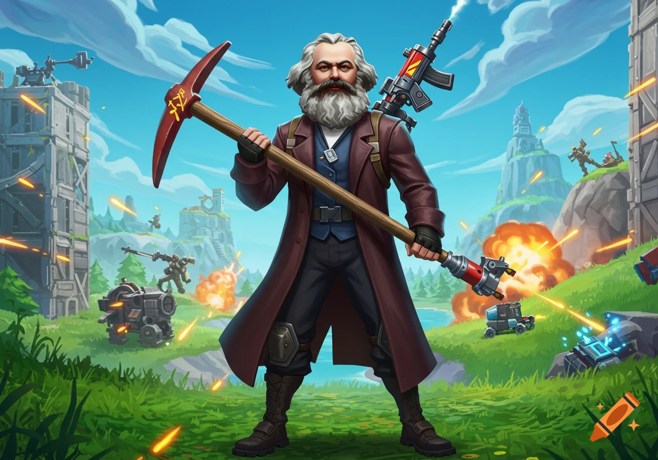 Cartoon Karl Marx with a pickaxe and rifle in a Fortnite-style battlefield with explosions and futuristic structures.