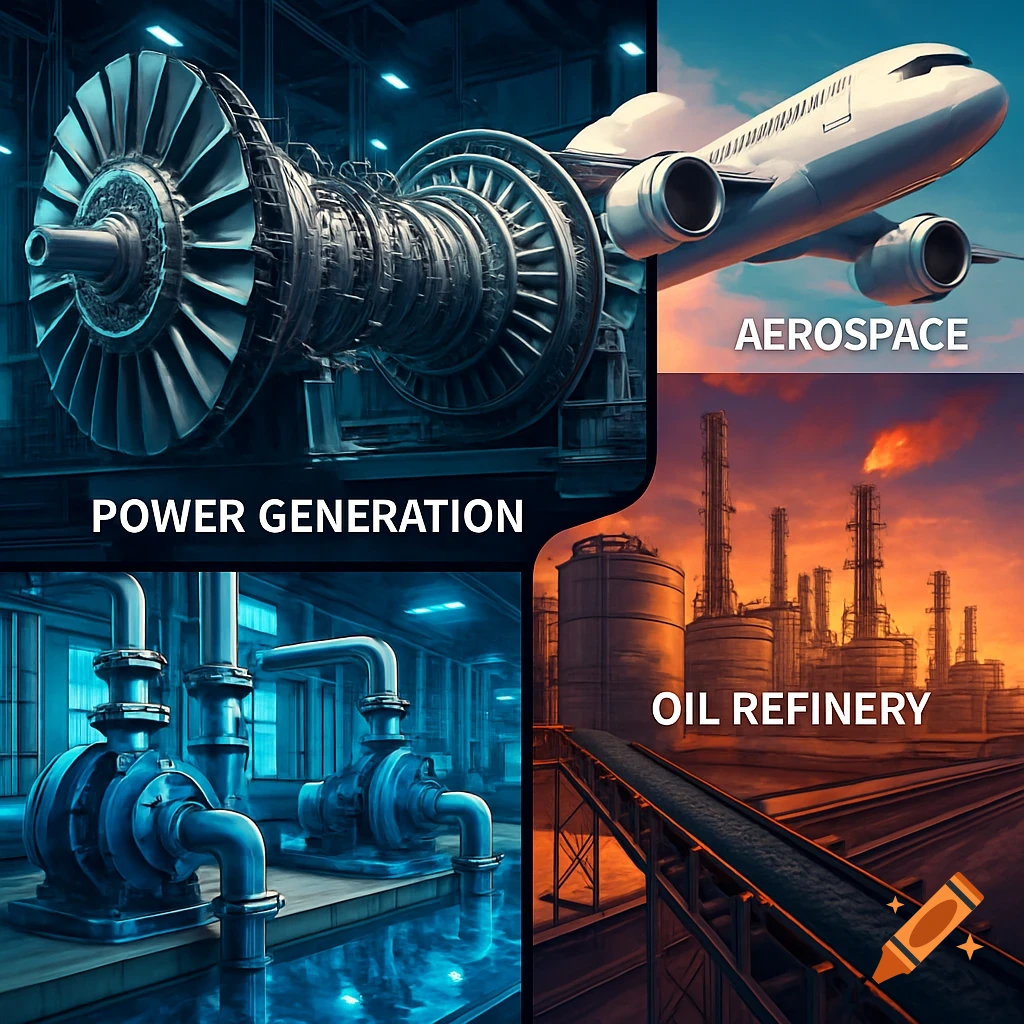 A collage showing industrial turbines, an airplane, industrial pumps, and an oil refinery.