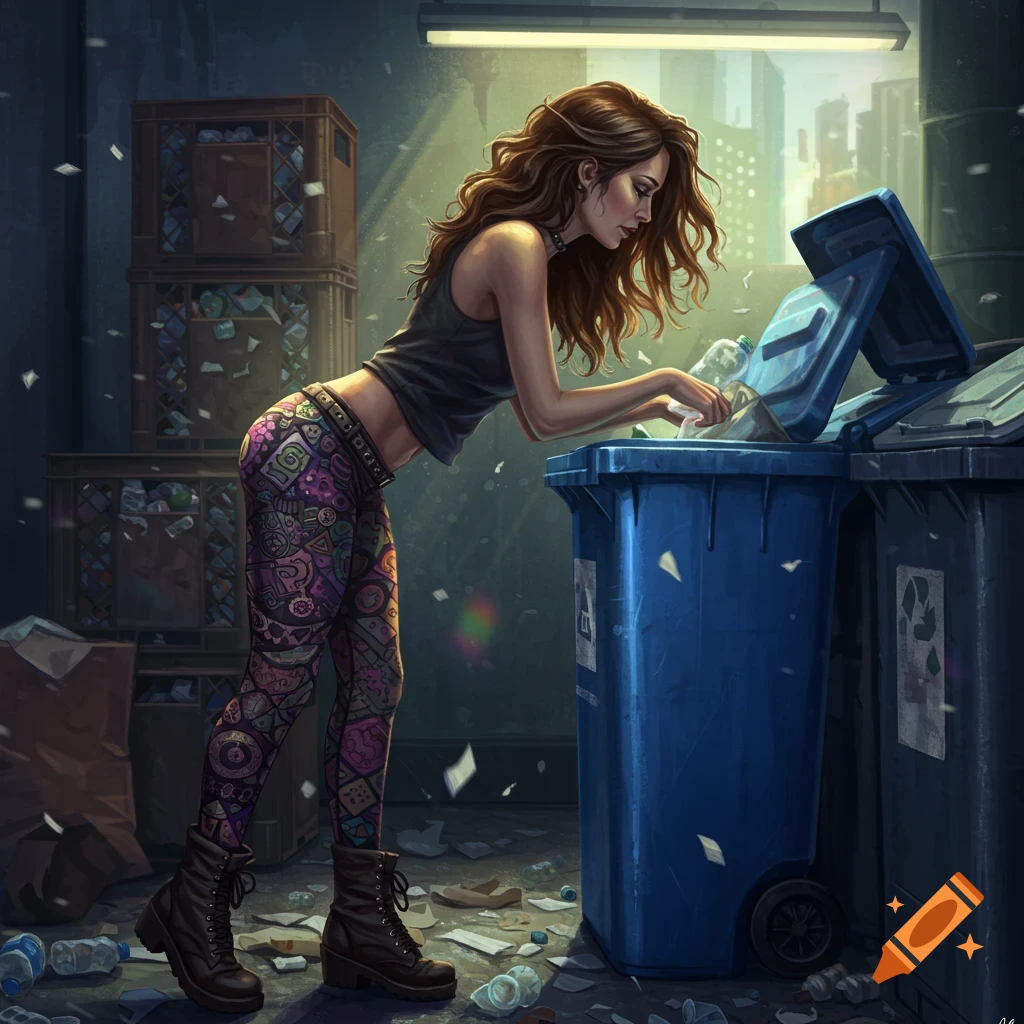 A woman with long wavy brown hair, wearing a black top and patterned leggings, sifts through a blue recycling bin in a city alleyway, with discarded items scattered around.
