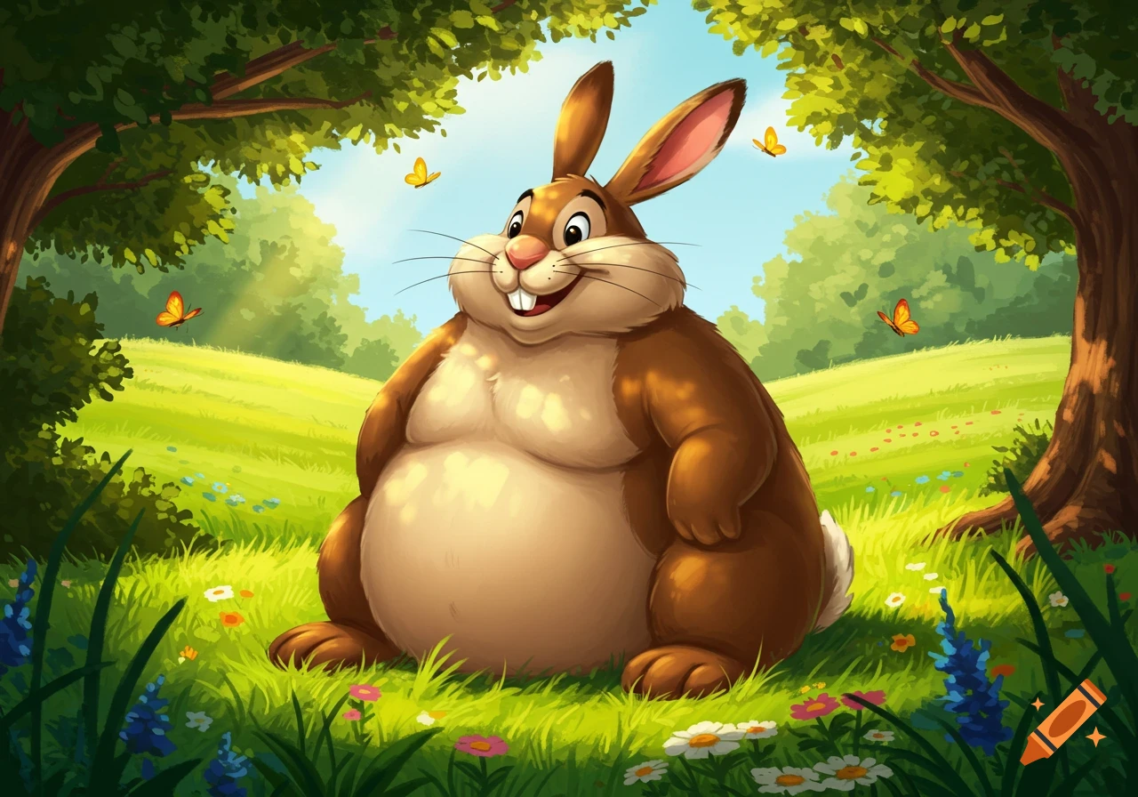 A smiling, plump brown cartoon rabbit sits in a sunny green forest clearing amidst flowers and butterflies.