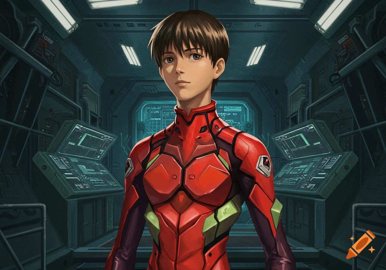 An anime character in a red and green plugsuit stands in a futuristic control room with screens displaying data.