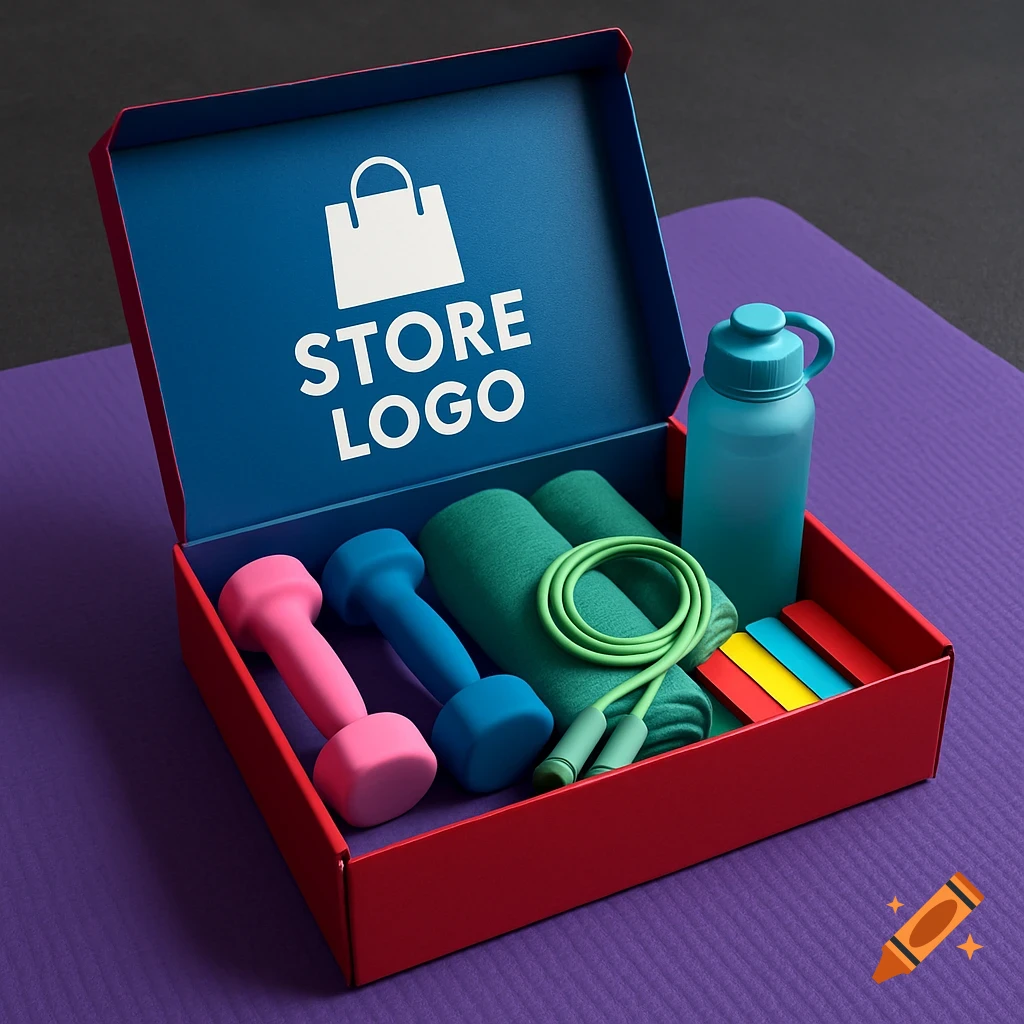 Open red box with a 'STORE LOGO' on the lid, filled with pink and blue dumbbells, green yoga mat, jump rope, teal water bottle, and colorful fitness bands, on a purple mat.