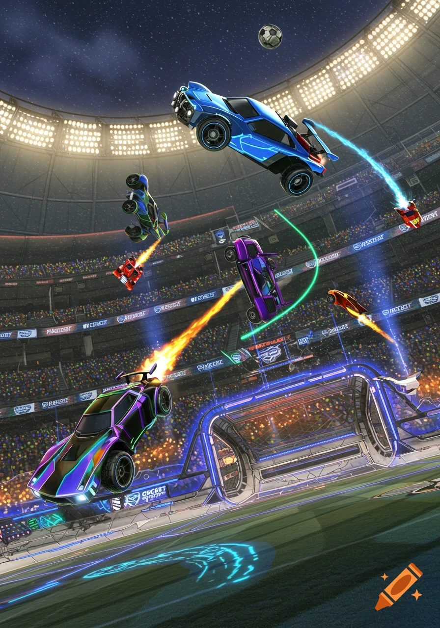 Vibrant aerial view of colorful cars boosting and flying after a soccer ball in a futuristic stadium at night.