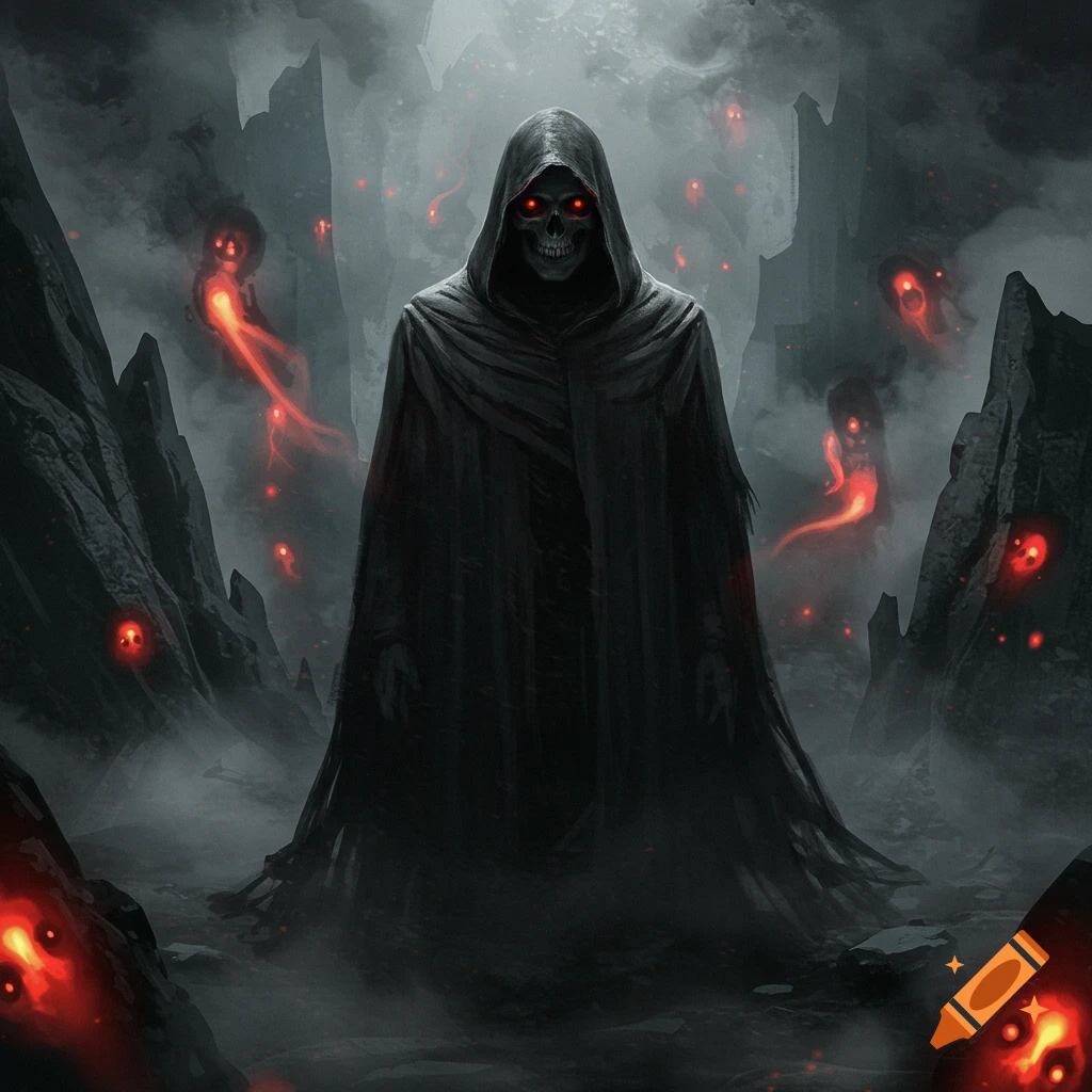 A dark, cloaked skeletal figure with glowing red eyes stands amidst glowing red spirits in a foggy, rocky landscape, dark fantasy style.