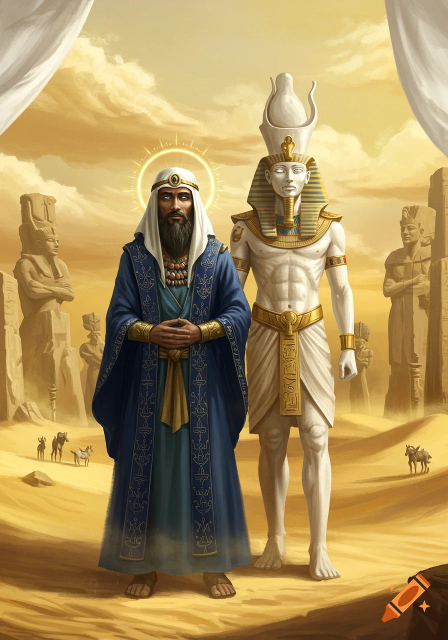 A bearded man in blue robes with a halo stands next to a white pharaoh statue in a desert with Egyptian ruins.