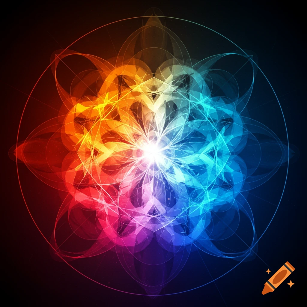 Glowing, symmetrical geometric pattern with a rainbow color spectrum and intricate lines on a dark background.