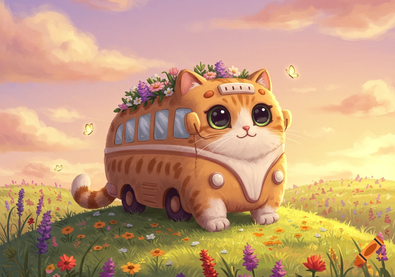 A cute, cartoonish orange and white cat-bus with flowers on its roof, sitting in a field of colorful wildflowers under a pastel sky with butterflies.