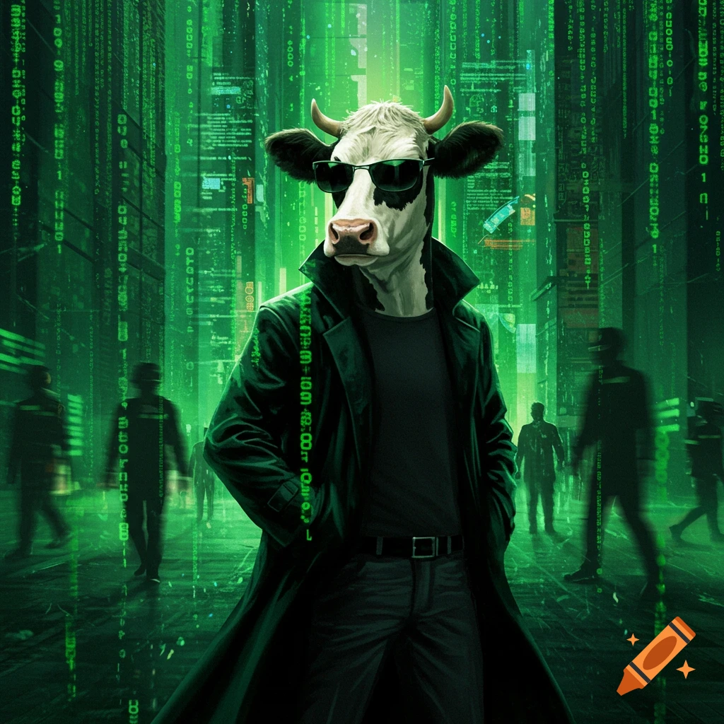 A cow with sunglasses and a green trench coat stands confidently in a digital green Matrix-style world, reminiscent of Neo.