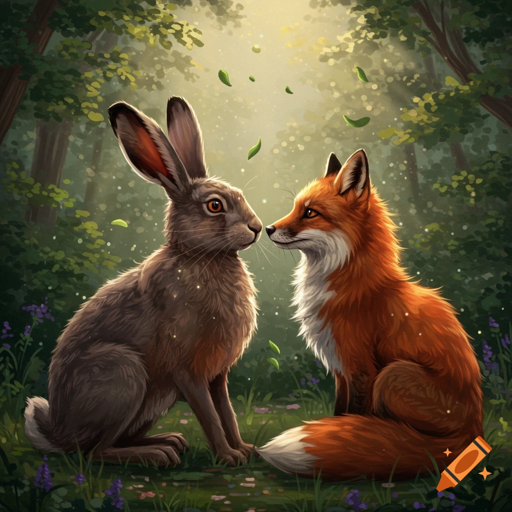 A hare and a fox face each other in a magical forest, light rays shining through the trees, in a painterly style.