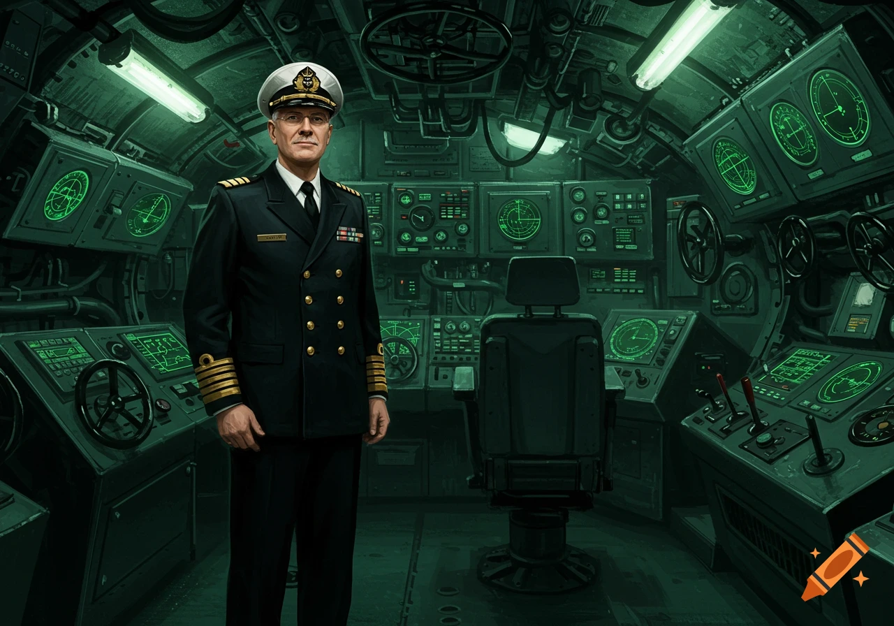 A photorealistic portrait of a serious-looking submarine captain in uniform, standing in a dimly lit, green-hued submarine control room.